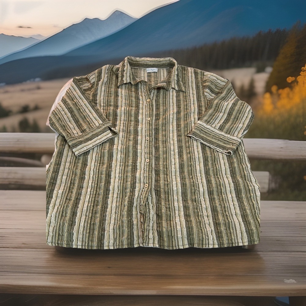 Ulla Popken Women's Button Up Sz 20/22 Green White Striped 3/4 Sleeve Crinkle